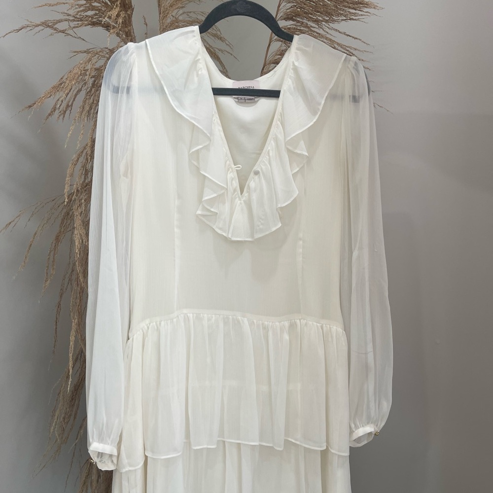 Marchesa- White Ruffle Chiffon Dress, M